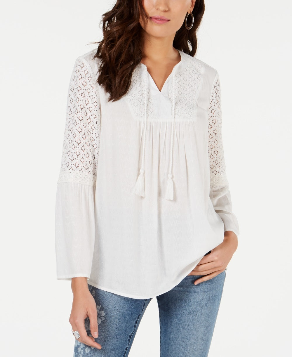 Top de renda com decote dividido e borla estilo &amp; co feminino, tamanho natural pequeno