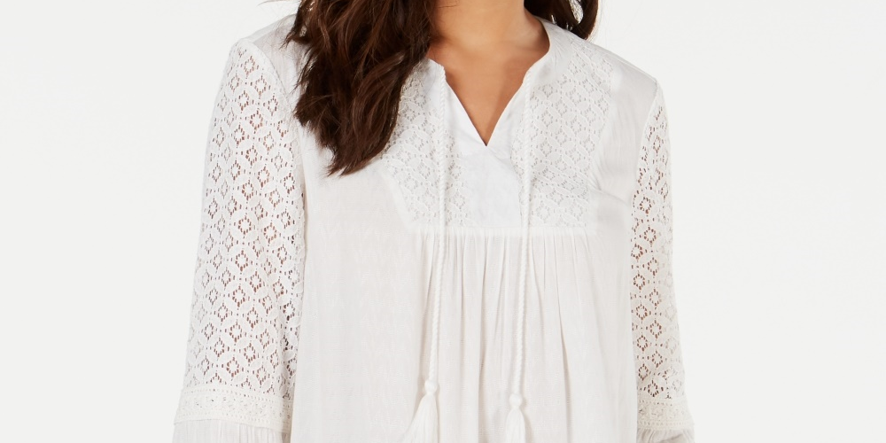 Top de renda com decote dividido e borla estilo &amp; co feminino, tamanho natural pequeno