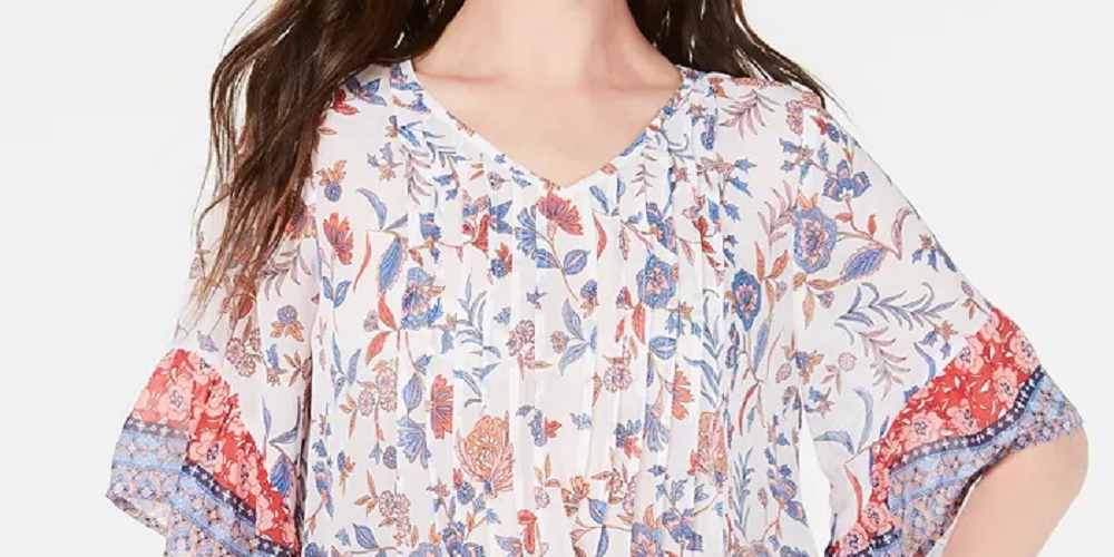 Top feminino estilo &amp; co com estampa retrô de cachecol e pregas, vermelho, tamanho pequeno