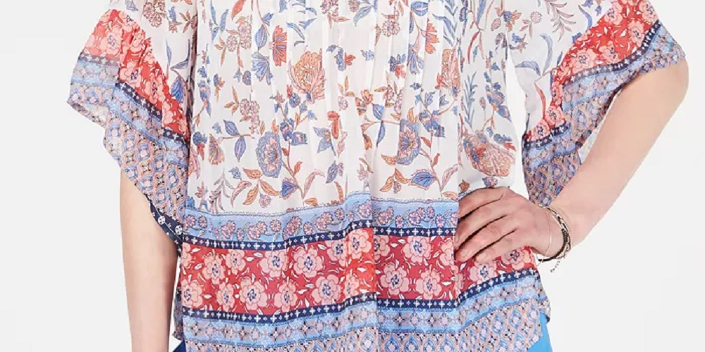 Top feminino estilo &amp; co com estampa retrô de cachecol e pregas, vermelho, tamanho pequeno