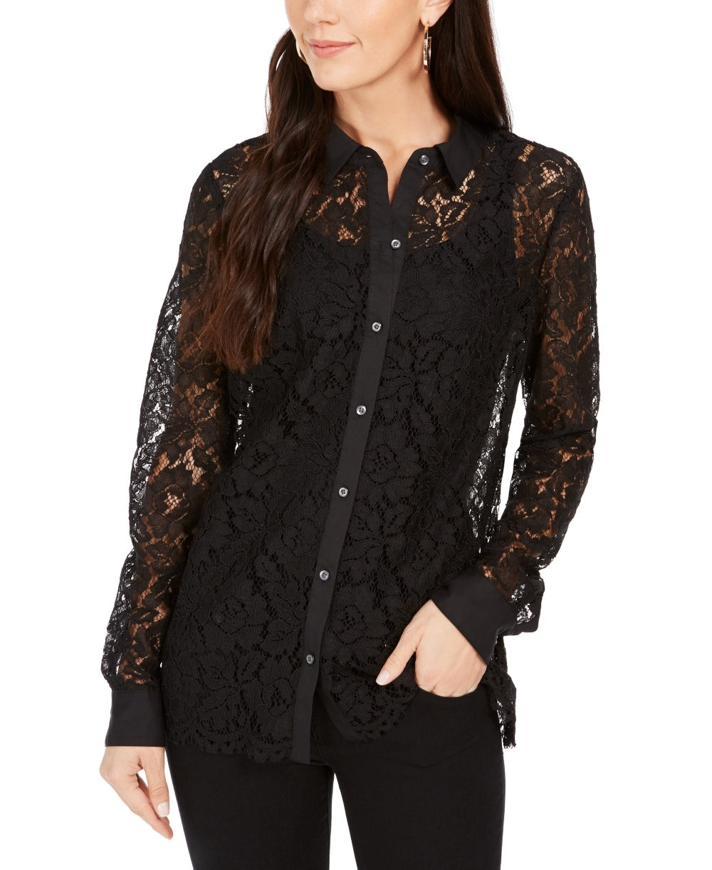 Blusa feminina de renda com botões Charter Club, preta, tamanho XX-G