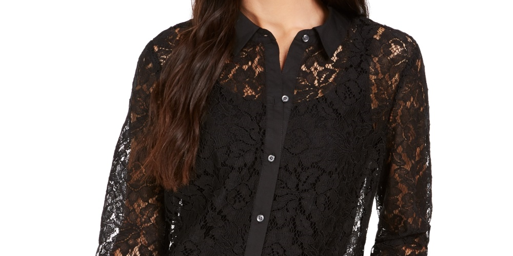 Blusa feminina de renda com botões Charter Club, preta, tamanho XX-G