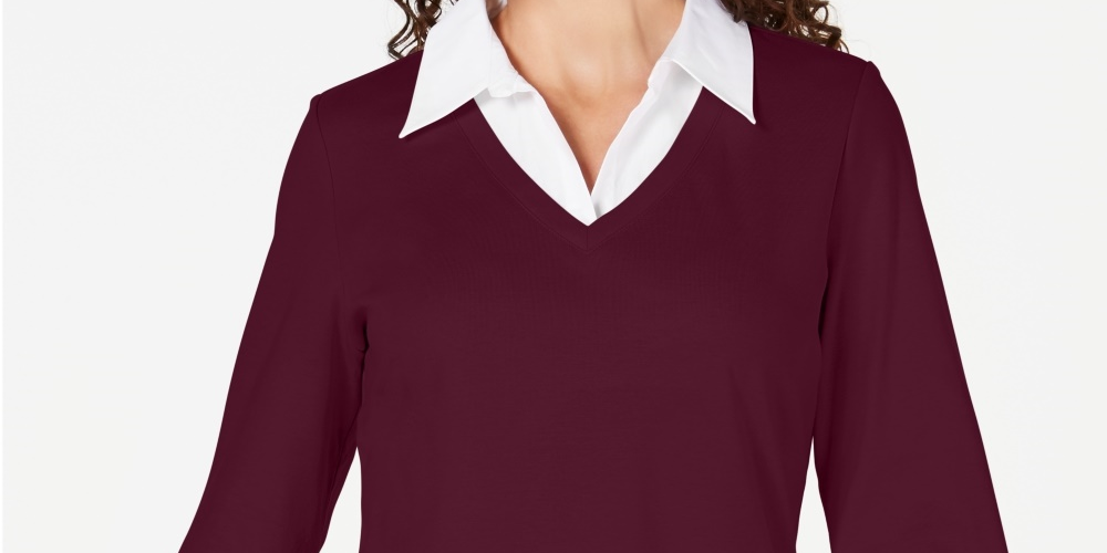 Blusa de algodão com aparência em camadas feminina Karen Scott, vermelha, tamanho PL