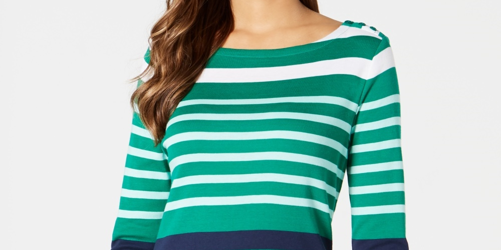 Charter Club Blusa feminina de algodão Pima com botões e listras, verde, tamanho pequeno