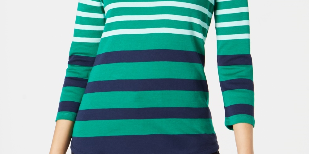 Charter Club Blusa feminina de algodão Pima com botões e listras, verde, tamanho pequeno