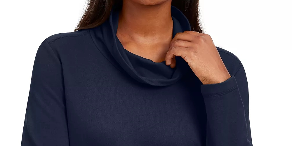 Blusa feminina Karen Scott de manga comprida mesclada e gola alta, tamanho azul marinho PS