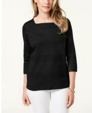 Karen Scott Blusa feminina listrada com decote quadrado e renda, preta, tamanho X-S