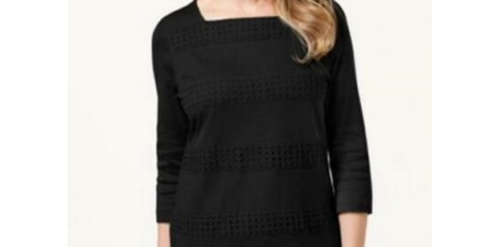 Karen Scott Blusa feminina listrada com decote quadrado e renda, preta, tamanho X-S