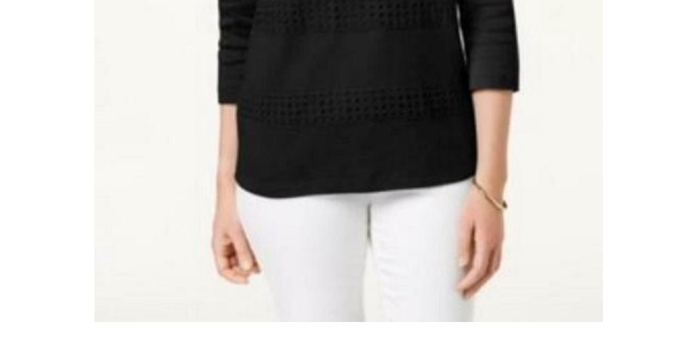 Karen Scott Blusa feminina listrada com decote quadrado e renda, preta, tamanho X-S