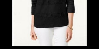 Karen Scott Blusa feminina listrada com decote quadrado e renda, preta, tamanho X-S