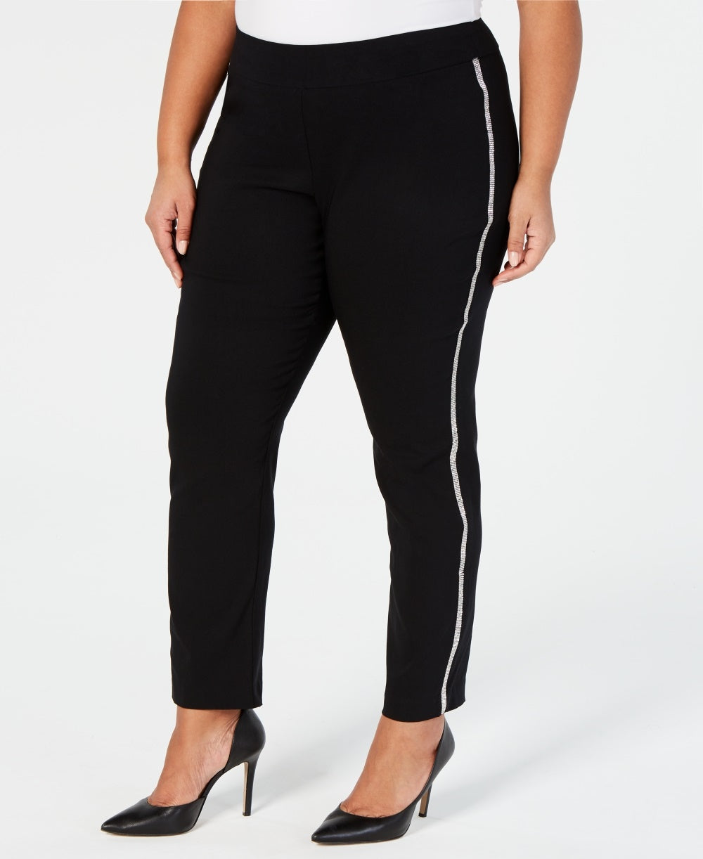 Calça feminina plus size com perna reta e bolsos laterais JM Collection, preta, tamanho P