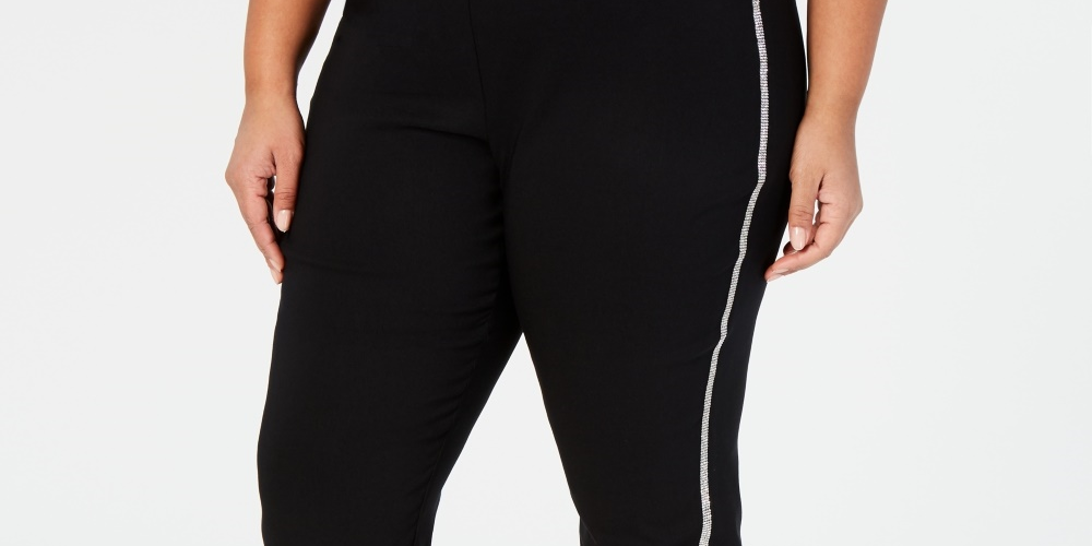 Calça feminina plus size com perna reta e bolsos laterais JM Collection, preta, tamanho P