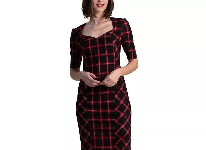 Vestido casual feminino Trina Turk xadrez com decote redondo, preto, tamanho 4