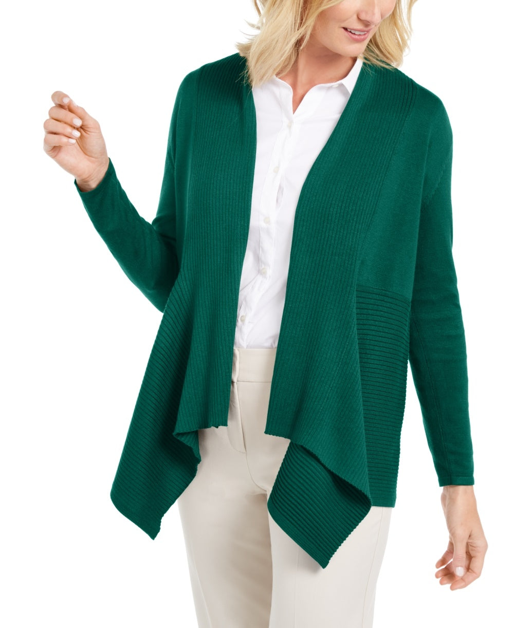 Cardigan feminino canelado com bainha de lenço, verde, tamanho médio, da coleção JM
