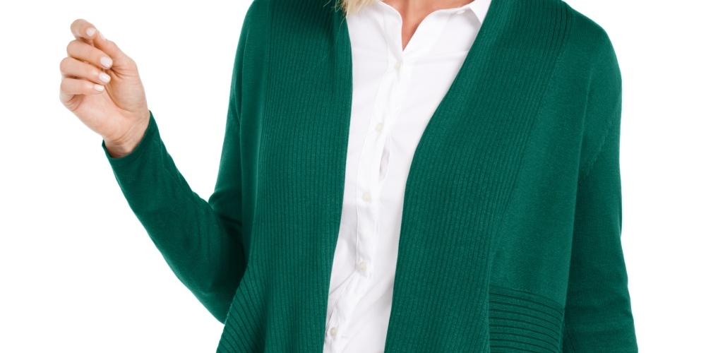 Cardigan feminino canelado com bainha de lenço, verde, tamanho médio, da coleção JM