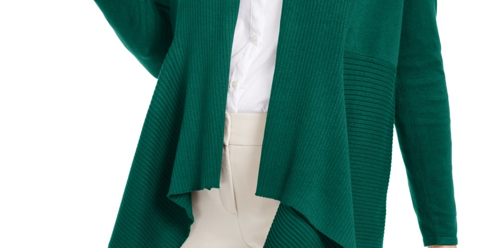 Cardigan feminino canelado com bainha de lenço, verde, tamanho médio, da coleção JM