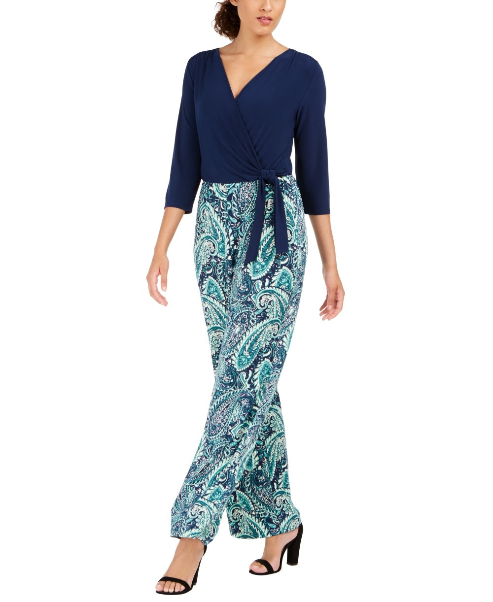 Macacão feminino com sobrepeliz estampado NY Collection, verde, tamanho pequeno grande