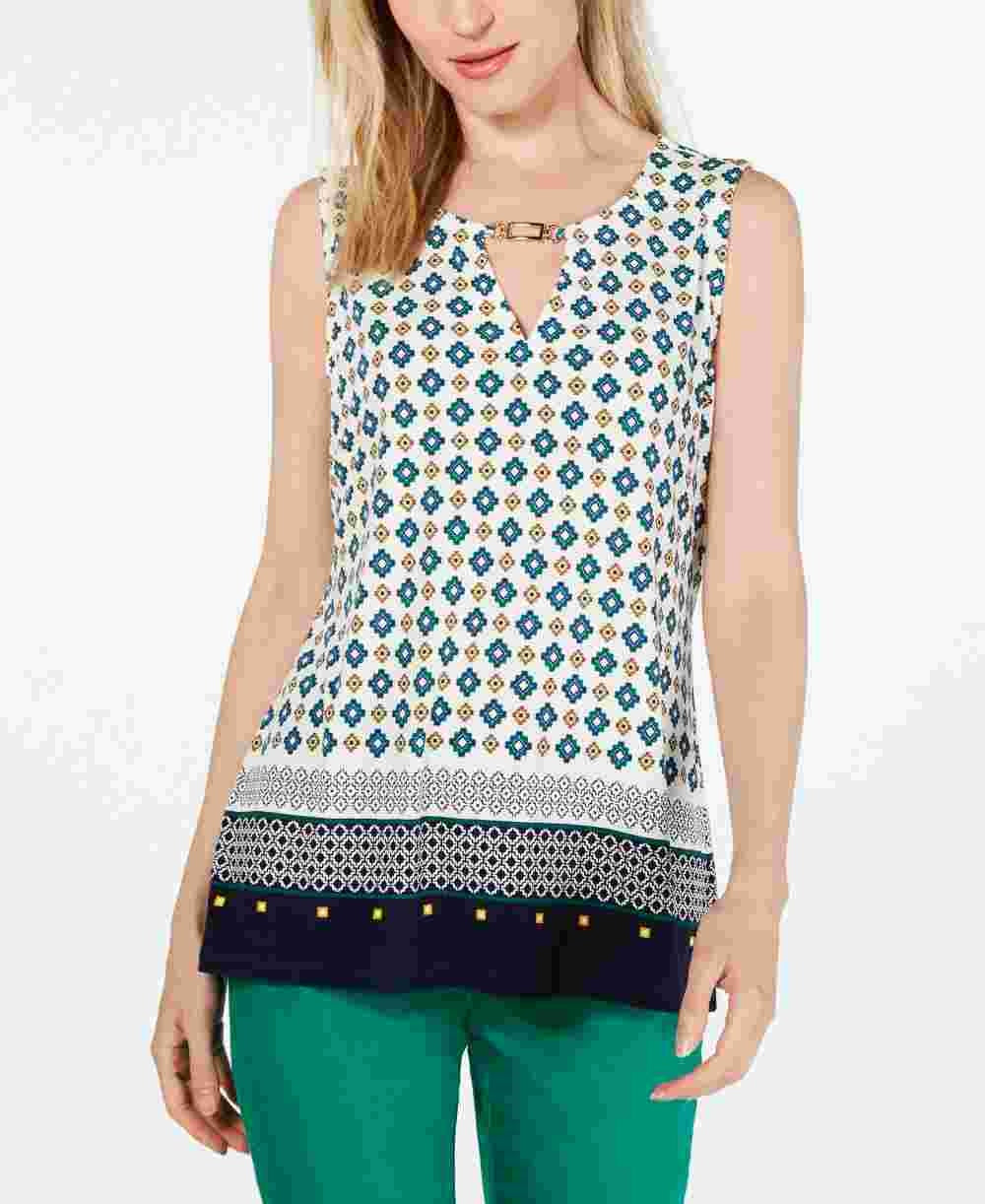 Blusa feminina estampada com decote em V, tamanho XG, branca, Charter Club