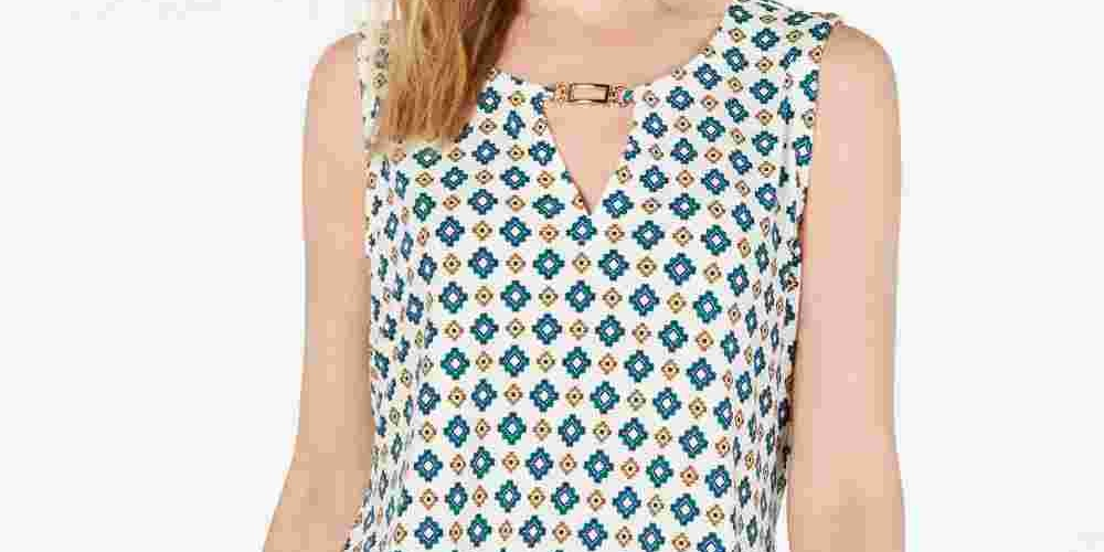 Blusa feminina estampada com decote em V, tamanho XG, branca, Charter Club