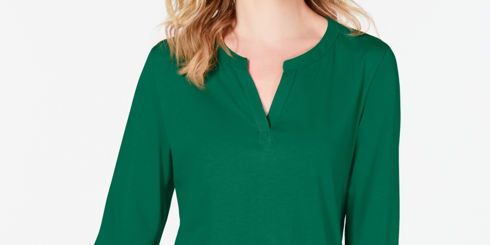 Charter Club Top utilitário feminino de algodão com decote dividido, verde, tamanho extrapequeno