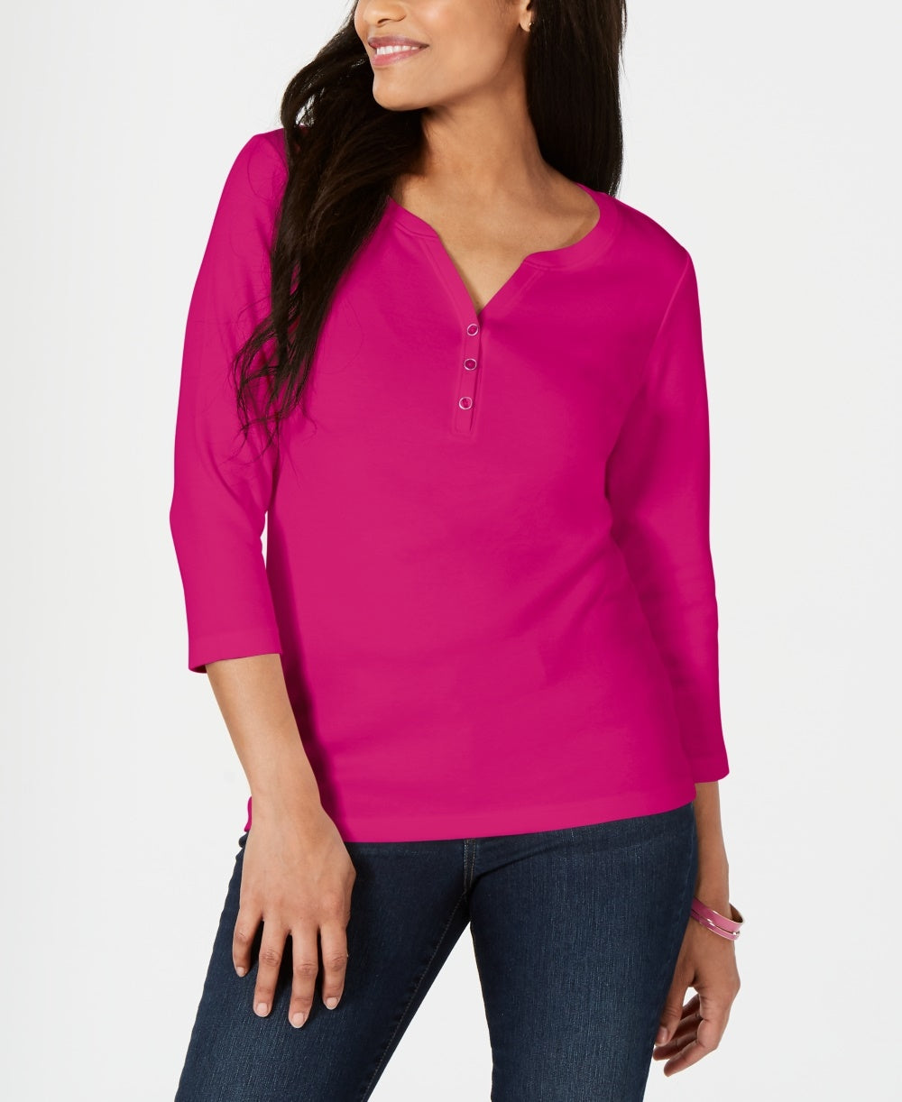 Camisa Henley de algodão pequena Karen Scott feminina, rosa, tamanho pequeno