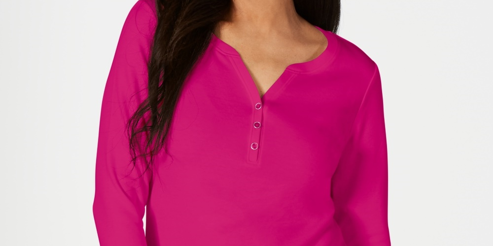 Camisa Henley de algodão pequena Karen Scott feminina, rosa, tamanho pequeno