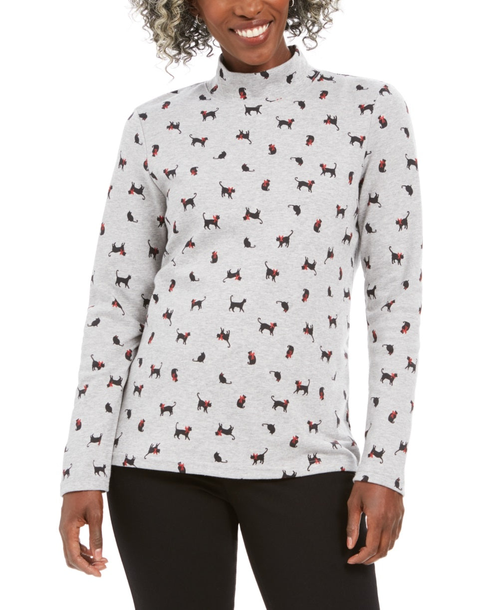 Blusa feminina Karen Scott com estampa de gatos e laços, gola falsa, cinza, tamanho P