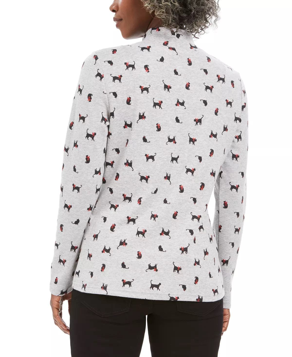 Blusa feminina Karen Scott com estampa de gatos e laços, gola falsa, cinza, tamanho P