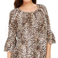Blusa de crepon com estampa de oncinha e mangas franzidas JM Collection, bege, tamanho médio