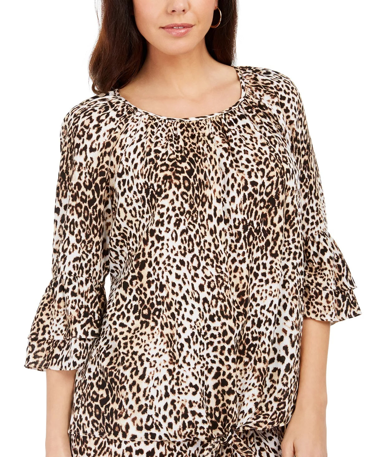 Blusa de crepon com estampa de oncinha e mangas franzidas JM Collection, bege, tamanho médio