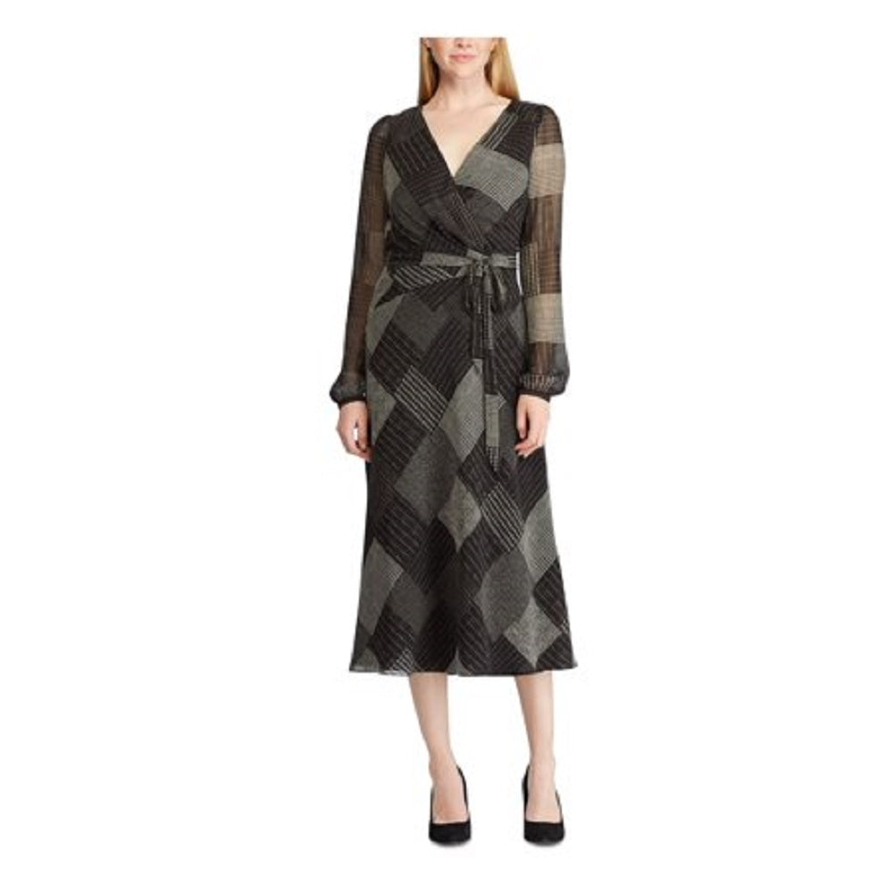 Vestido midi envelope com zíper e manga comprida, estampado, gola V, Ralph Lauren, feminino, preto, tamanho 0