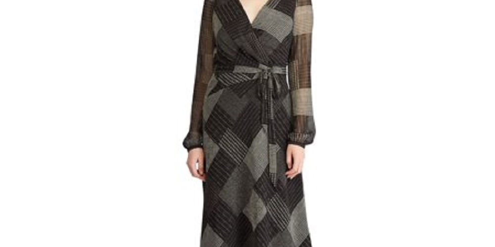 Vestido midi envelope com zíper e manga comprida, estampado, gola V, Ralph Lauren, feminino, preto, tamanho 0