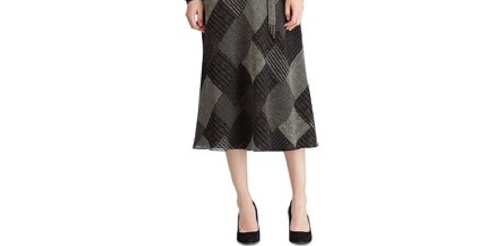Vestido midi envelope com zíper e manga comprida, estampado, gola V, Ralph Lauren, feminino, preto, tamanho 0