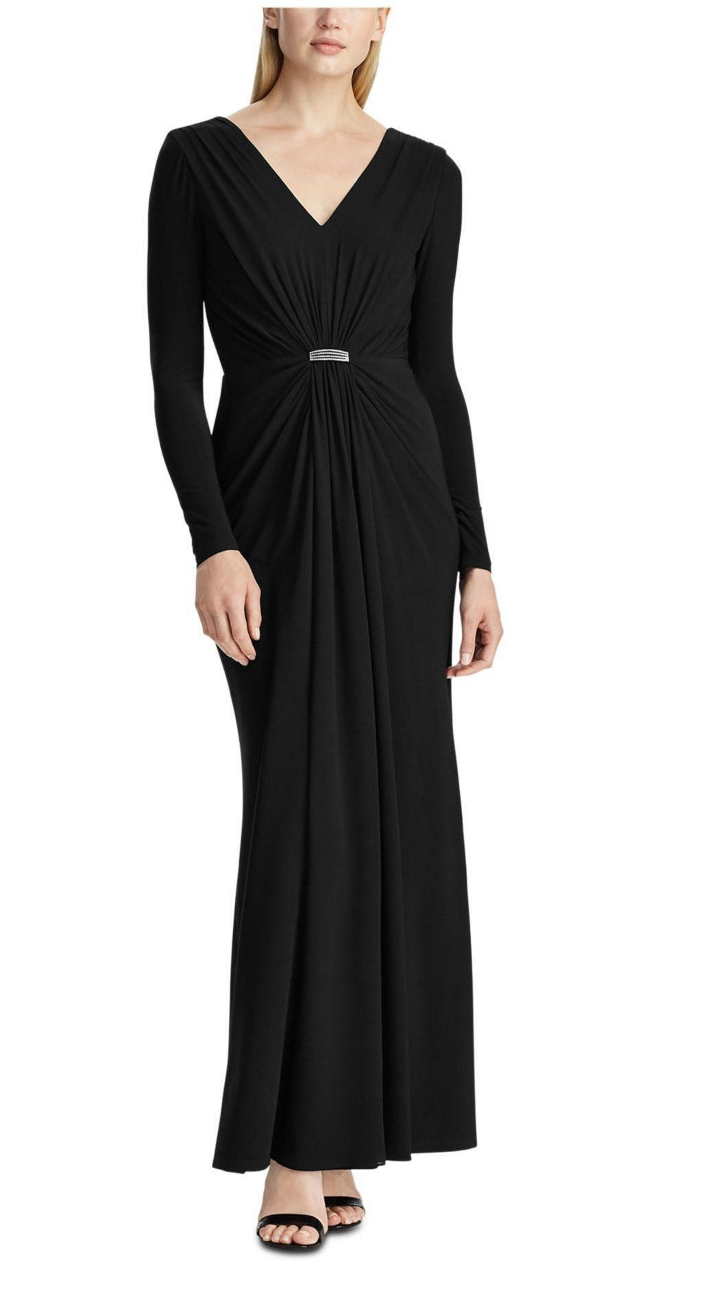 Vestido longo de festa longo com strass preto e manga comprida, decote em V, tamanho 10, da Ralph Lauren