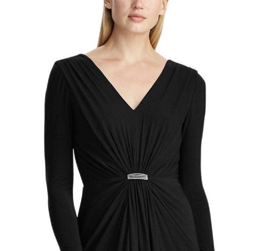 Vestido longo de festa longo com strass preto e manga comprida, decote em V, tamanho 10, da Ralph Lauren