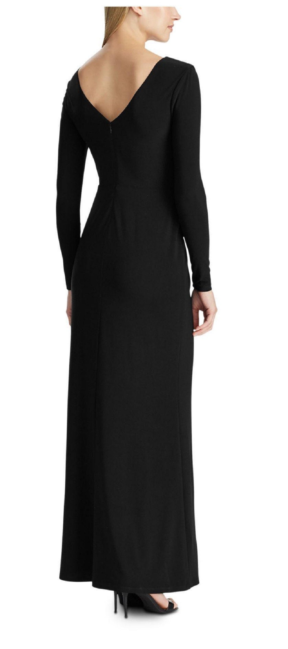 Vestido longo de festa longo com strass preto e manga comprida, decote em V, tamanho 10, da Ralph Lauren