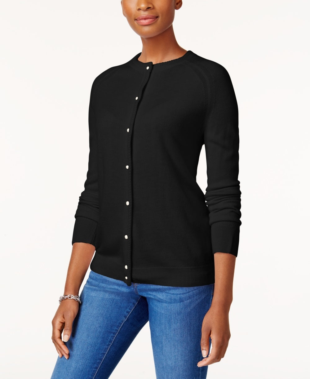 Cardigan feminino Karen Scott com botões e contas, preto, tamanho XX-G
