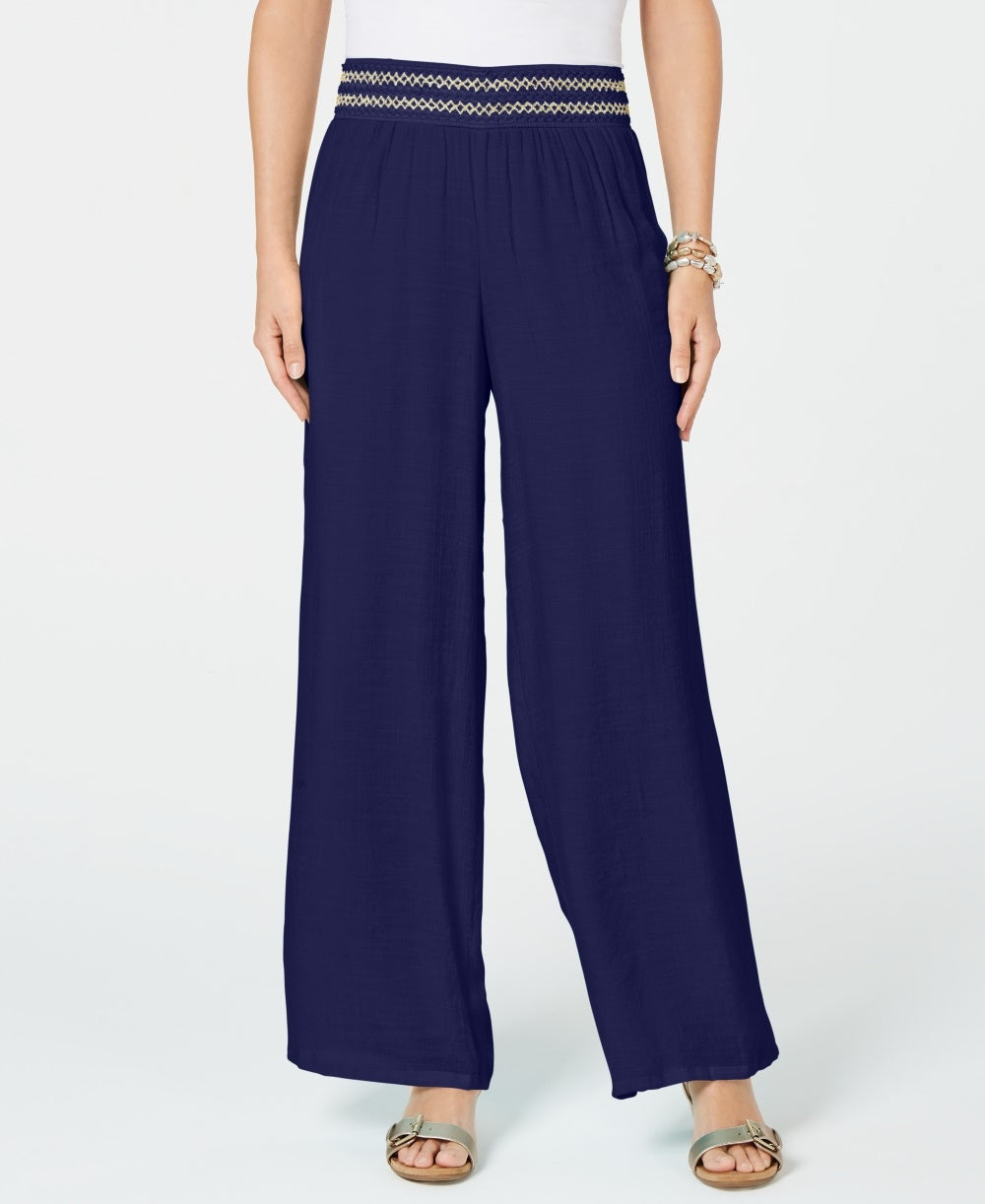 Calça feminina pequena com detalhes metálicos e pernas largas, tamanho PXL, azul, da coleção JM