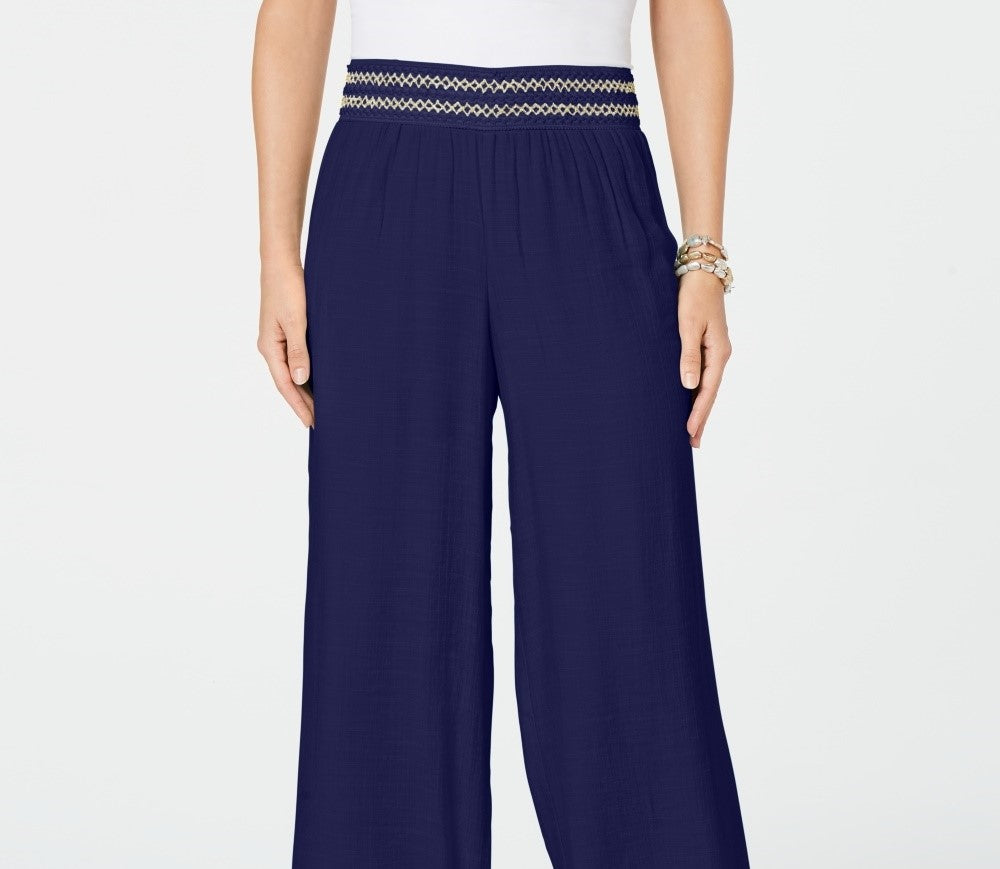 Calça feminina pequena com detalhes metálicos e pernas largas, tamanho PXL, azul, da coleção JM