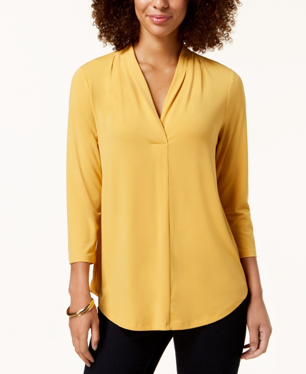 Charter Club Top Feminino Petite Plissado Manga 3/4 Tamanho Dourado Petite Médio