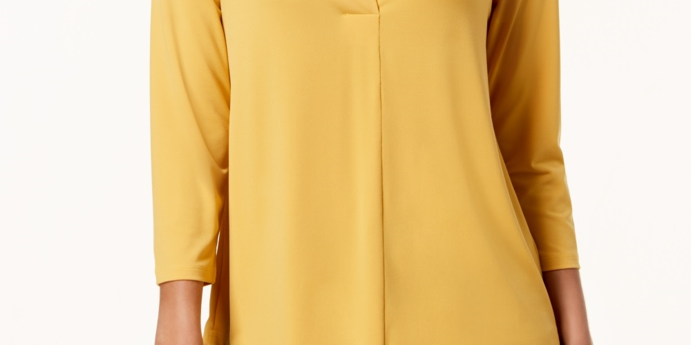Charter Club Top Feminino Petite Plissado Manga 3/4 Tamanho Dourado Petite Médio