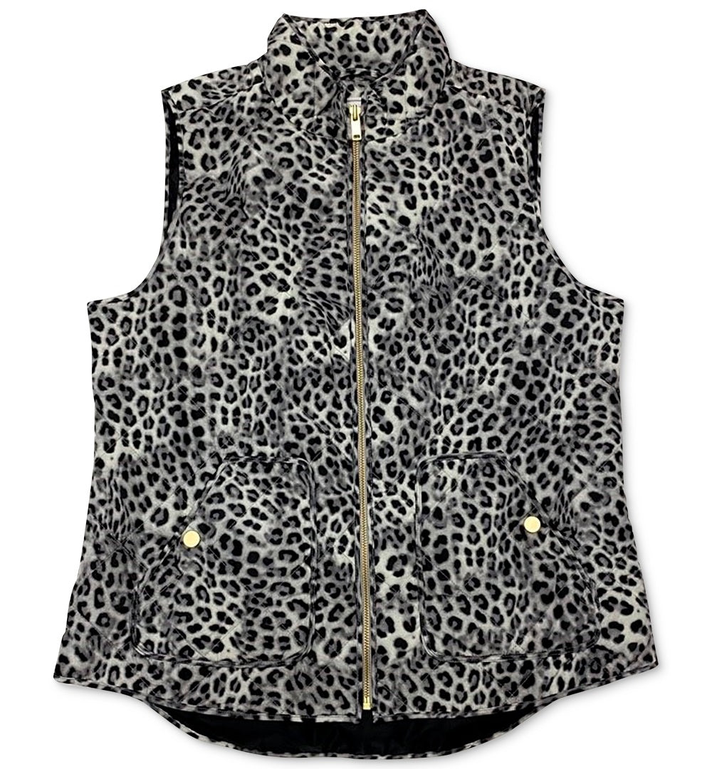 Colete feminino Charter Club acolchoado com estampa animal e zíper, branco, tamanho médio