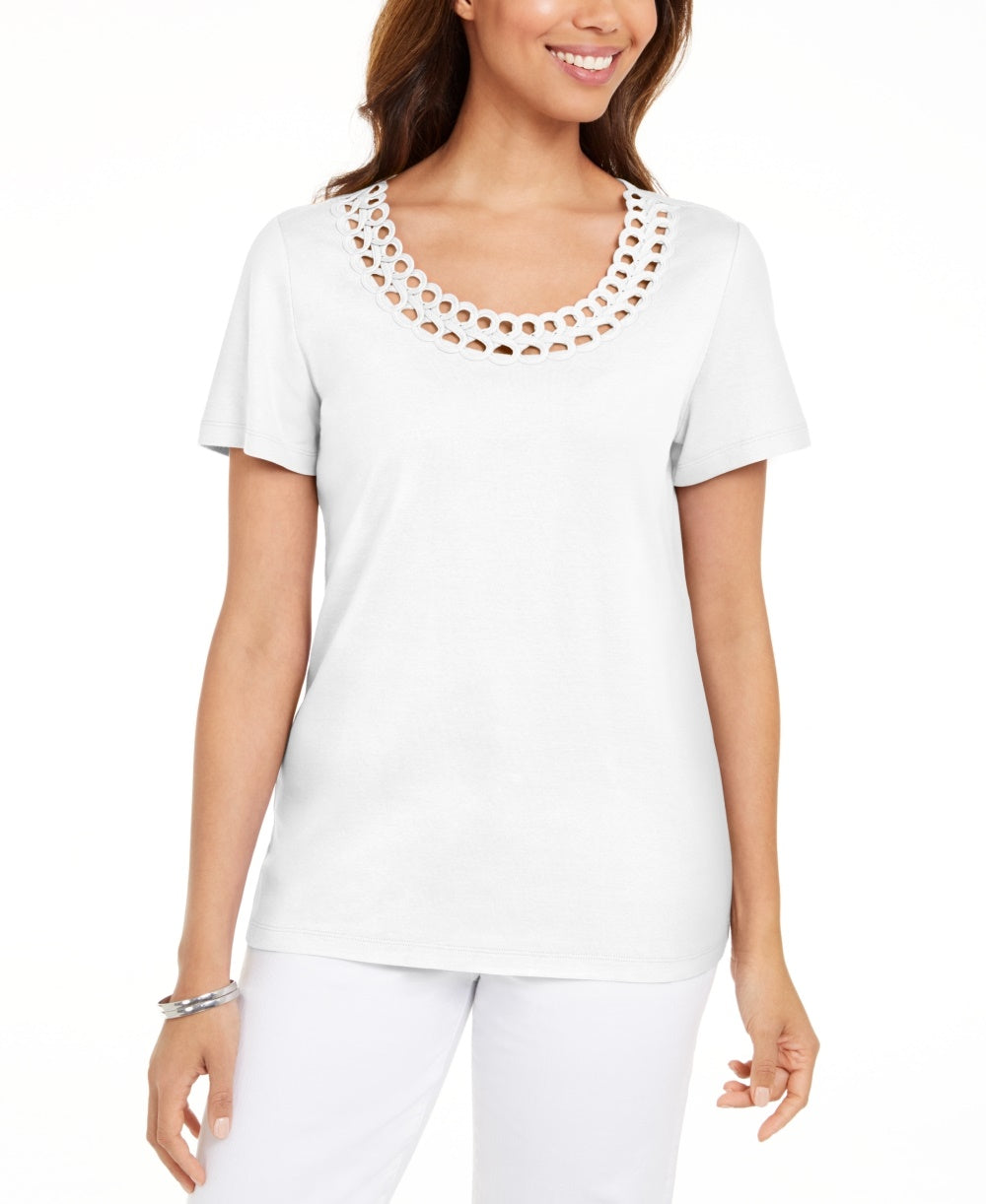 Camiseta feminina Karen Scott de algodão com gola recortada, branca, tamanho pequeno