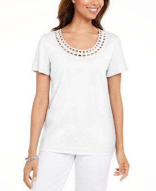 Camiseta feminina Karen Scott de algodão com gola recortada, branca, tamanho pequeno