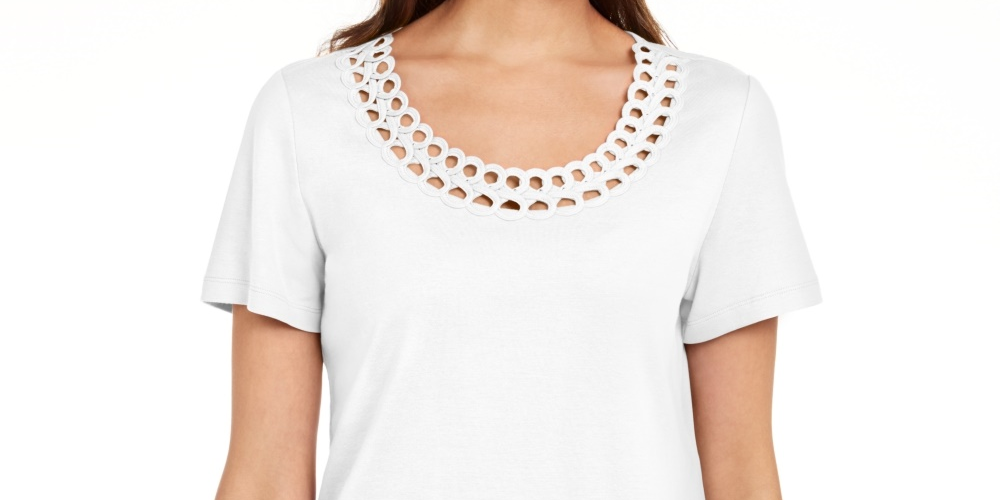 Camiseta feminina Karen Scott de algodão com gola recortada, branca, tamanho pequeno