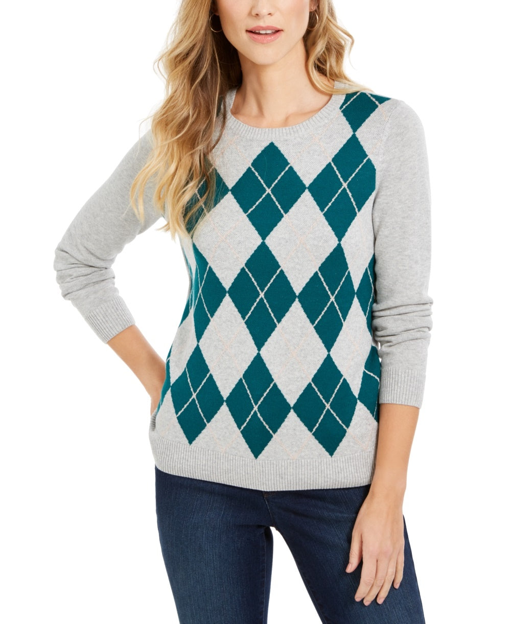 Suéter feminino Charter Club Argyle com gola redonda, verde, tamanho pequeno