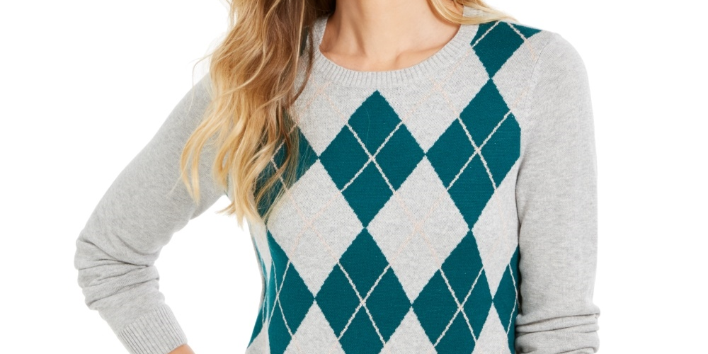 Suéter feminino Charter Club Argyle com gola redonda, verde, tamanho pequeno