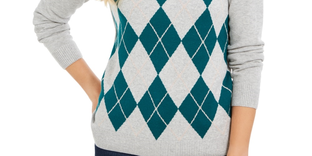 Suéter feminino Charter Club Argyle com gola redonda, verde, tamanho pequeno