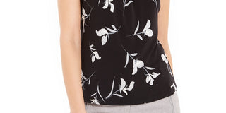 Blusa feminina Calvin Klein sem mangas com decote plissado e estampa floral, cinza, tamanho pequeno