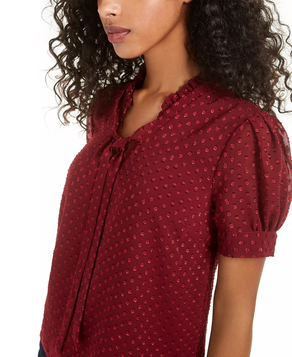 Blusa feminina Maison Jules com amarração frontal e bolinhas, vinho, tamanho extrapequeno